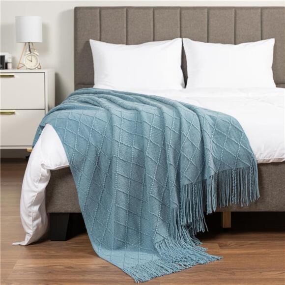 Dusty Blue Knit Throw Blanket for Couch, Twin Bed, Soft Knitted - Picture 2 of 8